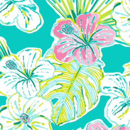 maui and hibiscus flowers with turquoise background
